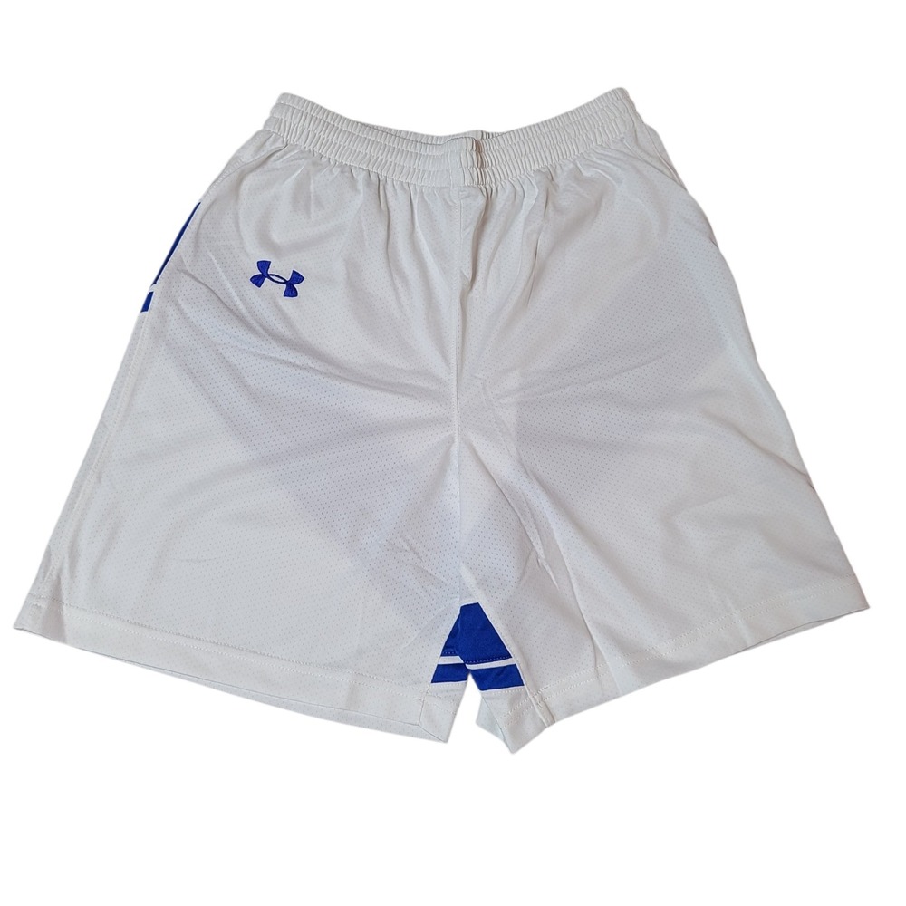 Under Armour Loose Fit Shorts Athletic Gym Basketball YLG White Mesh Blue Stripe
